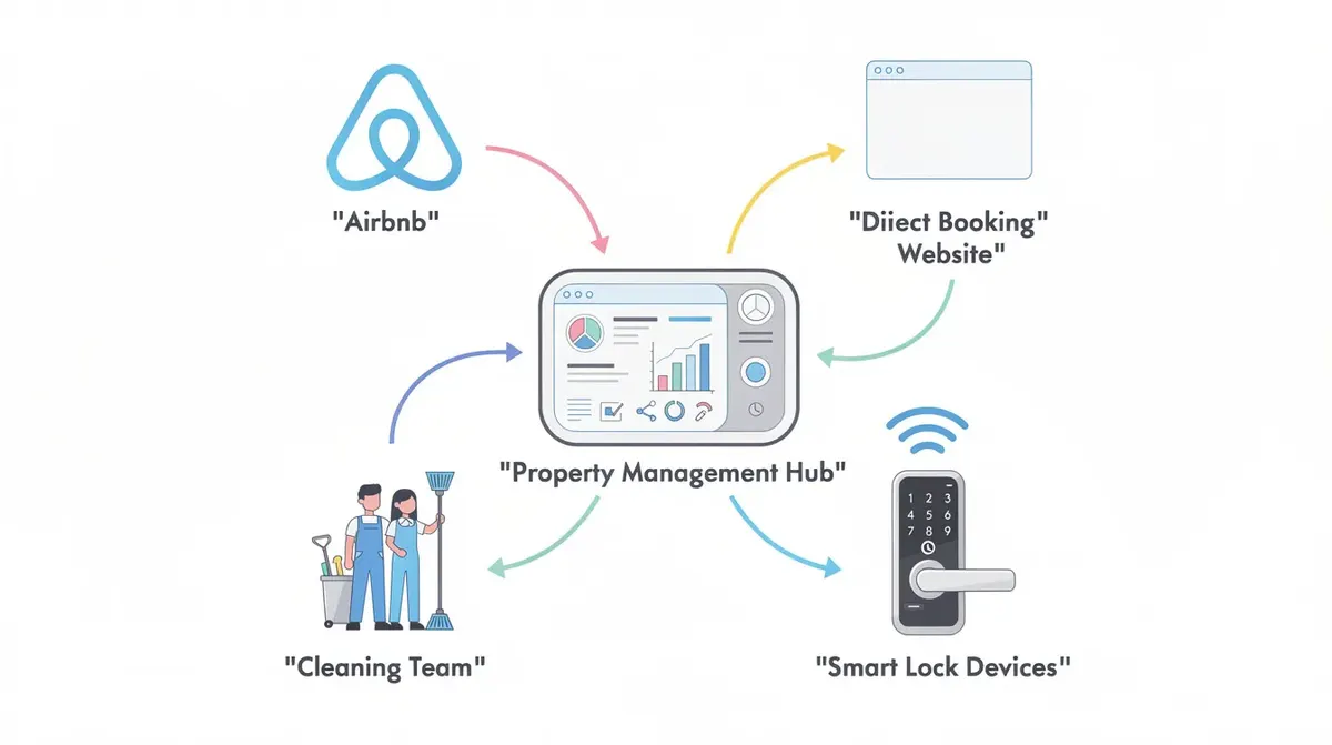 The diagram illustrates a central property management hub that connects various components of a vacation rental business, including…