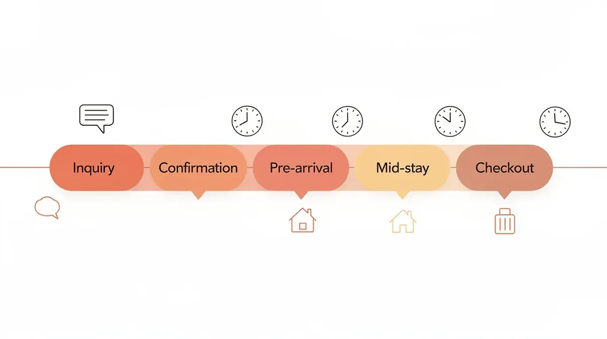 A modern timeline graphic with five connected message bubbles labeled Inquiry, Confirmation, Pre-arrival, Mid-stay, and Checkout, each…