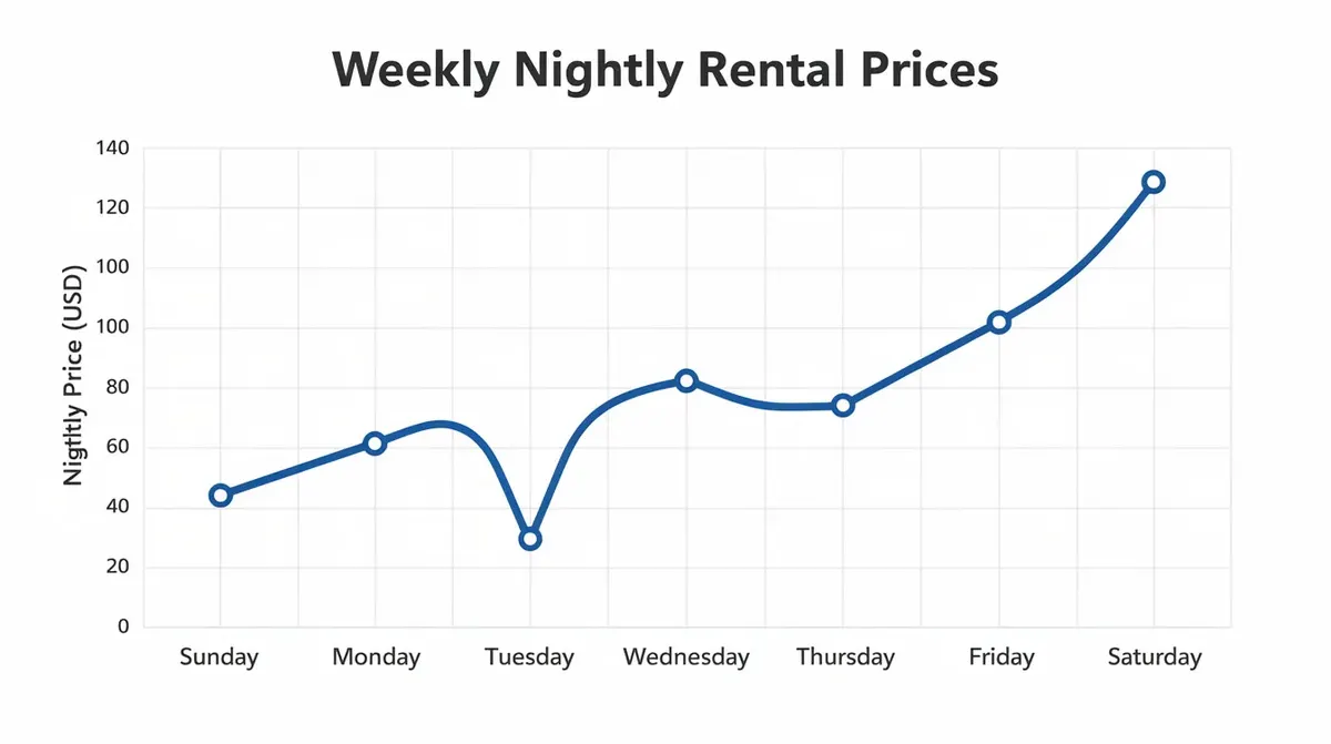 A line chart illustrating the fluctuating nightly rental prices over a week, with a noticeable peak on Friday and Saturday, and a dip on…