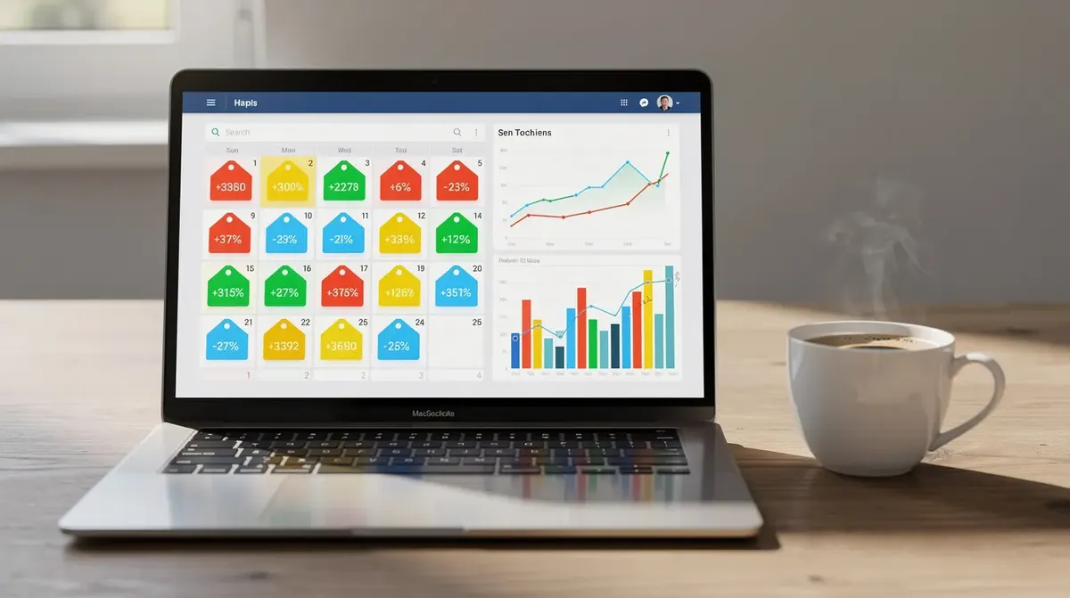 A laptop on a desk displaying a colorful calendar filled with price tags and fluctuating bar charts, alongside a coffee cup.