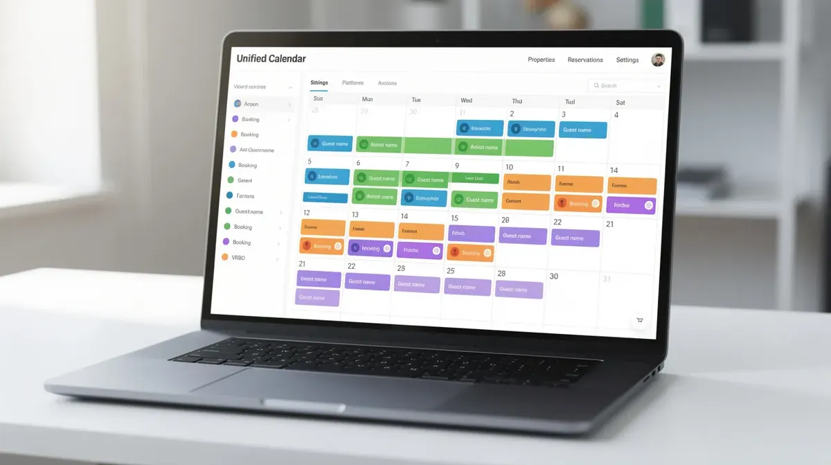A laptop screen showcasing a unified calendar dashboard that displays color-coded bookings in a grid layout, allowing property managers…
