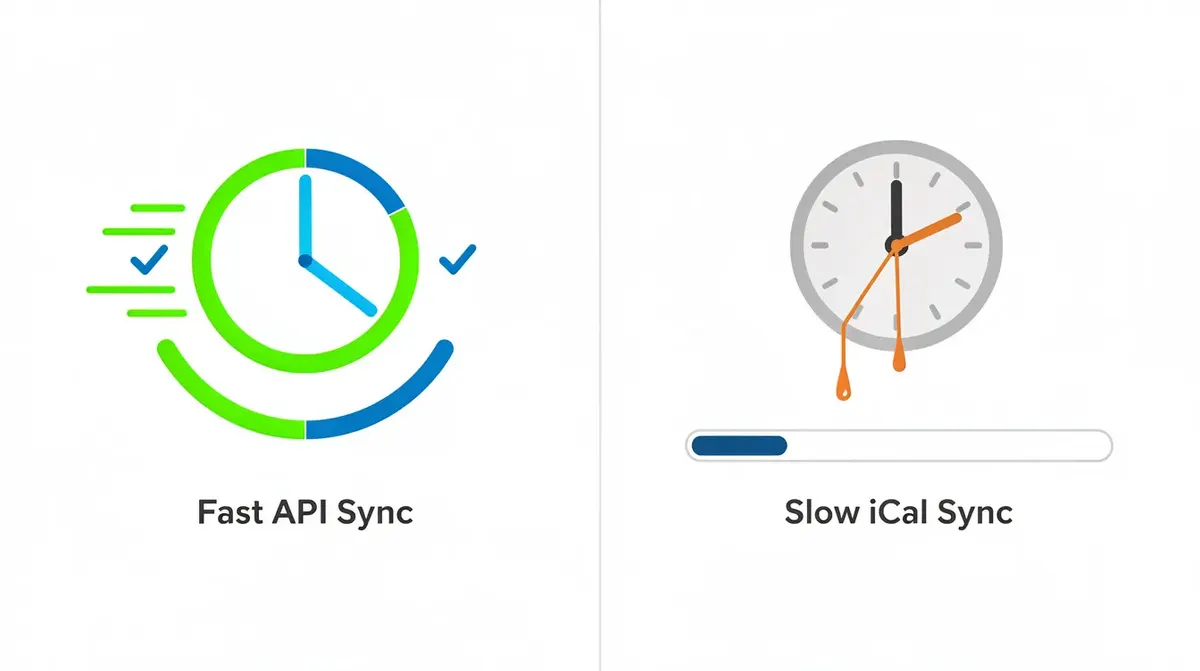 A split-screen comparison: on the left, a fast API sync indicator represented by a clock icon, and on the right, a slow iCal sync…
