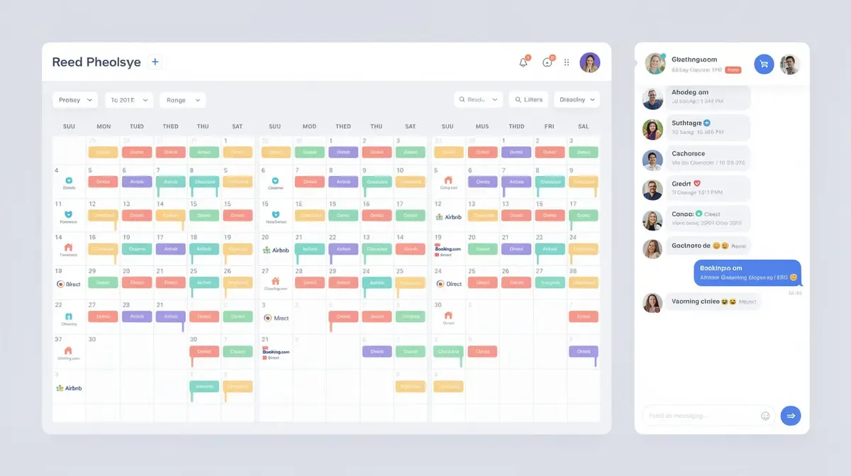 A property management dashboard featuring a multi-calendar view that displays reservations from various booking channels, along with…