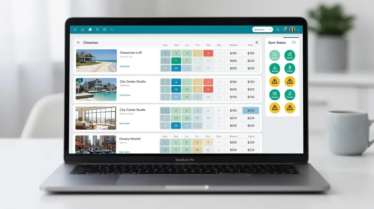 A comparison dashboard on a laptop, showcasing multiple vacation rental properties with calendar views, pricing columns, and sync status…