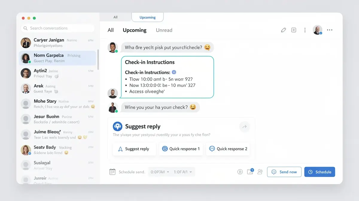 A messaging inbox interface designed for property managers, showcasing automated guest conversations that include check-in instructions,…