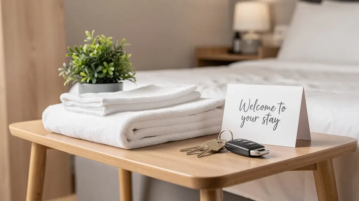 A clean and welcoming Airbnb interior featuring a set of keys and a friendly welcome message, highlighting the importance of guest…