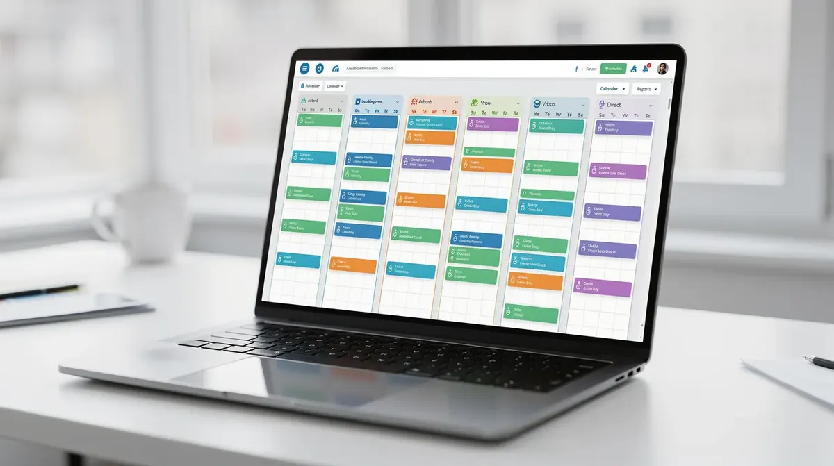 A laptop screen showcasing a vibrant multi-calendar dashboard that displays bookings from various vacation rental platforms in a grid…