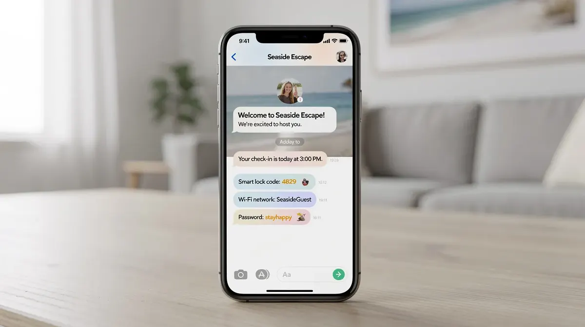A smartphone screen featuring an automated guest messaging conversation within a vacation rental app, displaying check-in instructions…
