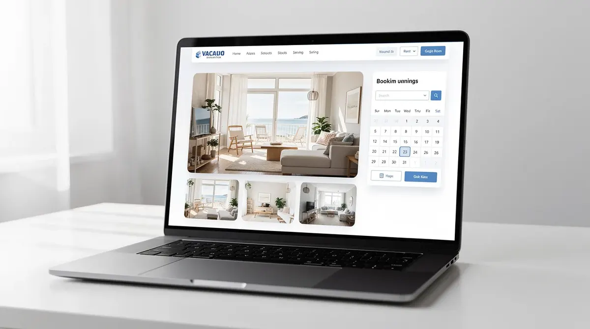 A laptop screen featuring a professional vacation rental website, complete with a booking calendar widget and vibrant property photos,…