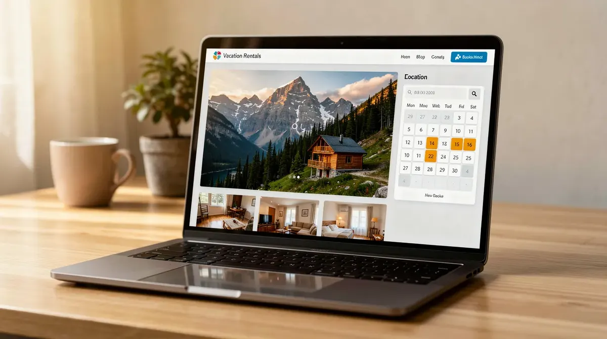 A laptop sits on a wooden desk, showcasing a vacation rental property page featuring a booking calendar and stunning mountain scenery…