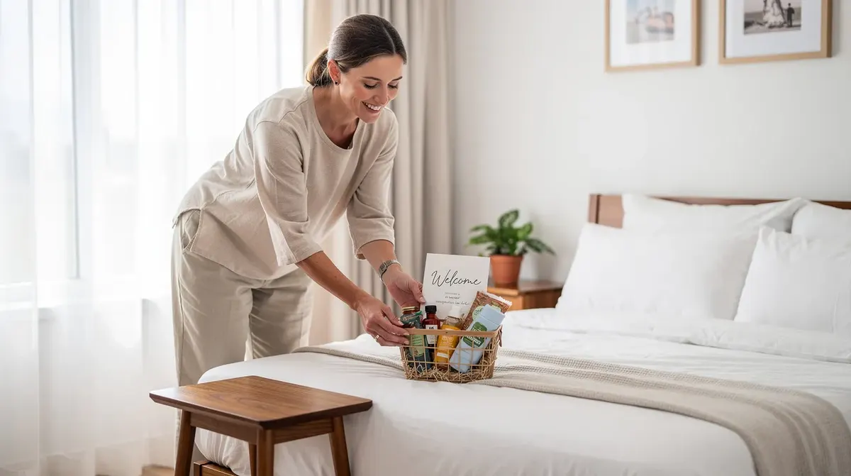 A host is placing a handwritten welcome card and a small gift basket on a bedside table in a bright vacation rental bedroom, enhancing…