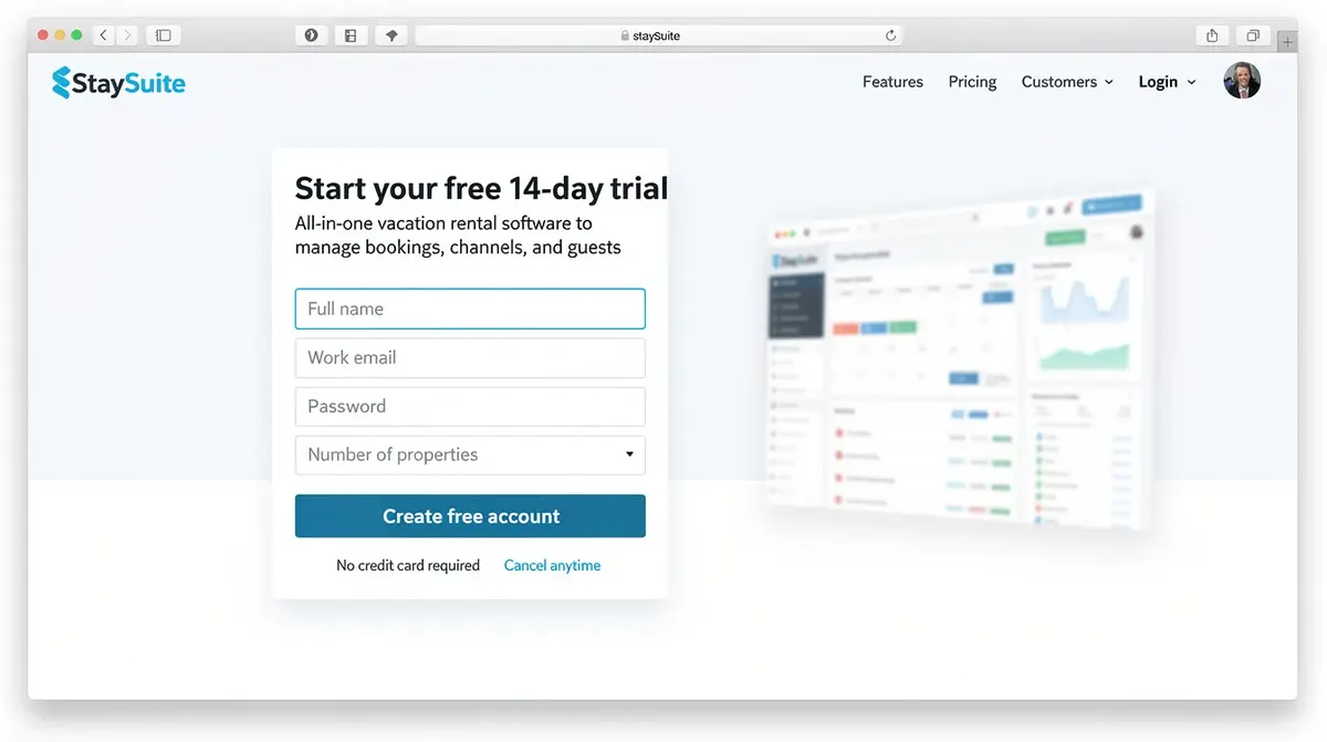 A vacation rental software signup page featuring a free trial registration form, prominently displaying fields for user information…