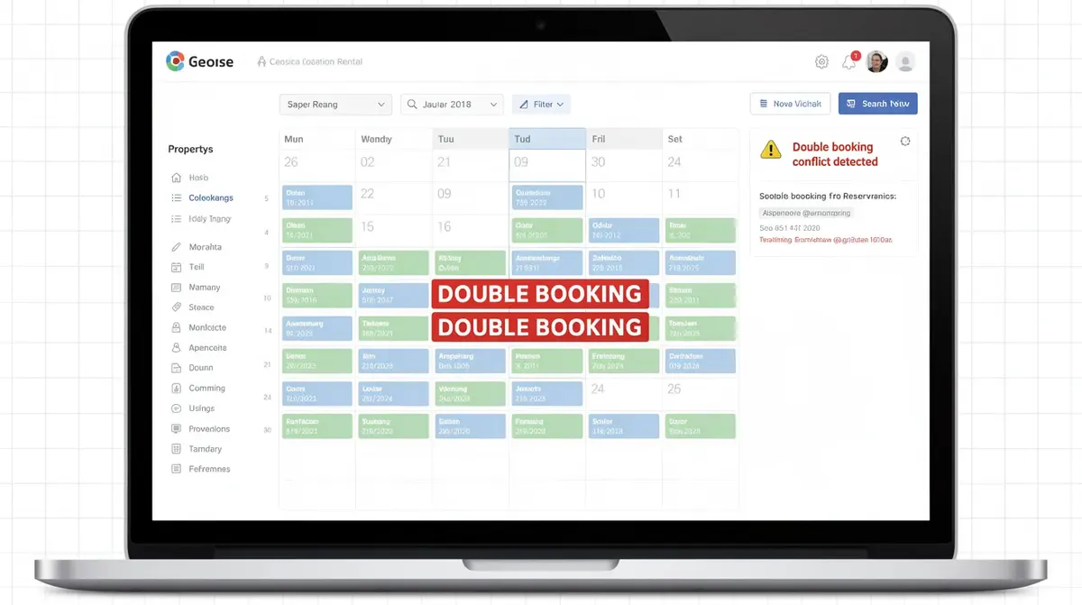 A vacation rental calendar dashboard with overlapping bookings highlighted in red, indicating a double booking conflict.