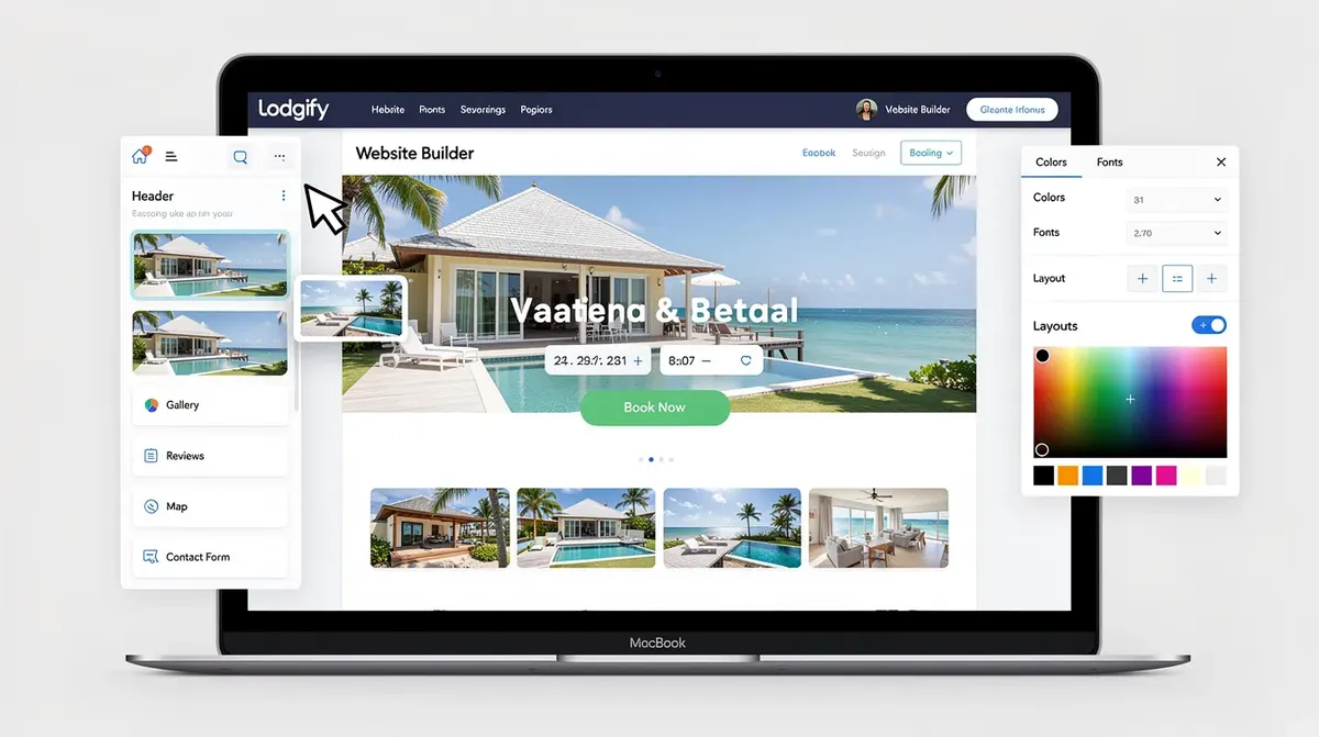 The Lodgify drag-and-drop website builder, showcasing various customization options for a vacation rental booking site, designed for…