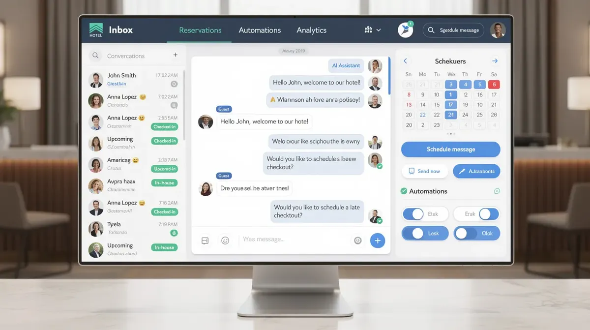 A hospitable automated guest messaging dashboard designed for property managers, featuring AI-generated responses and scheduling options…