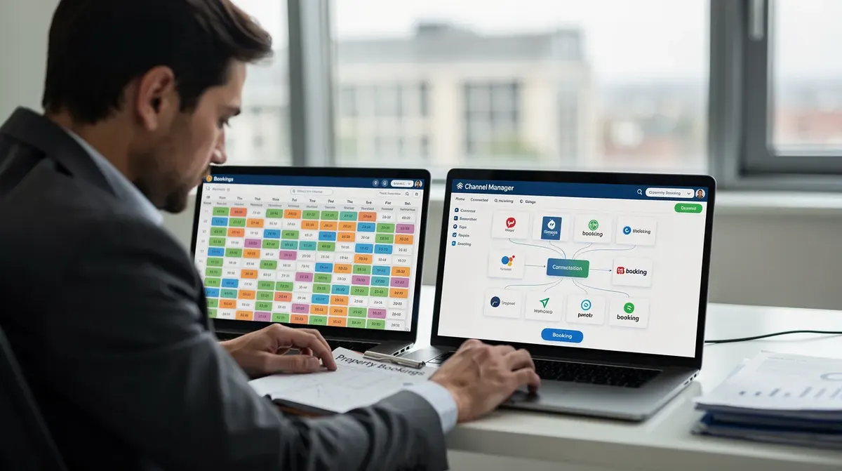 A property manager sits at a desk, reviewing two laptop screens side by side, displaying booking calendars and channel connections for…
