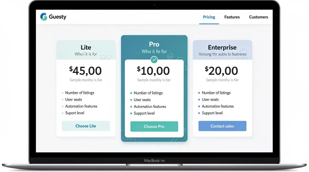 Guesty pricing tiers, featuring three columns labeled Lite, Pro, and Enterprise, along with example cost drivers for property management…