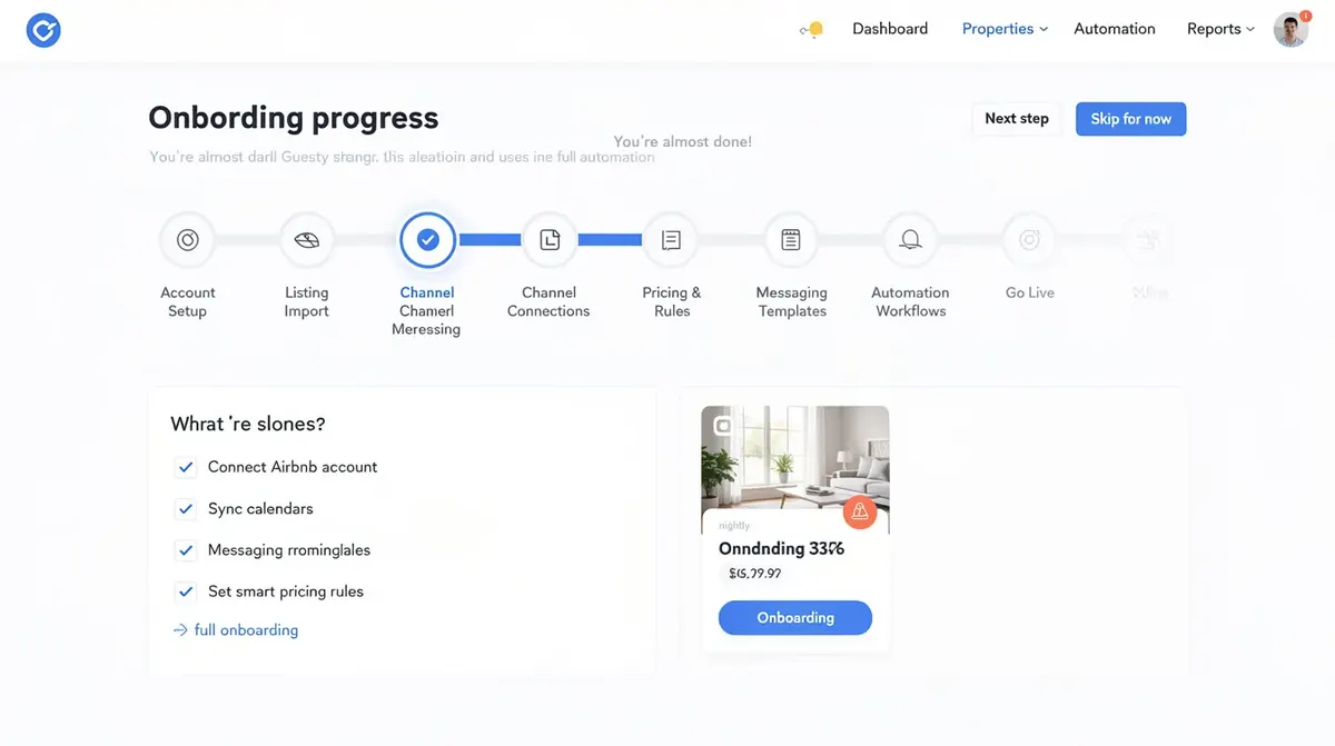 A screenshot-style timeline illustrating the stages of a property manager's onboarding process with Guesty, from the initial setup to…