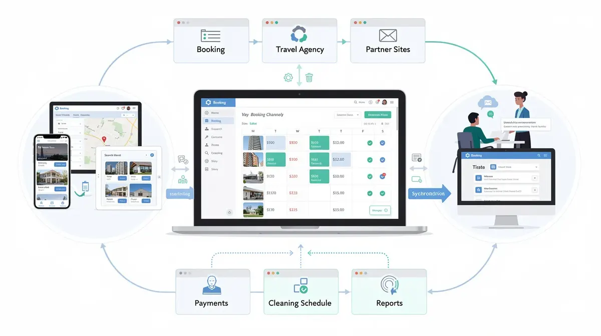 The working principle of vacation rental software, highlighting how property managers can efficiently manage multiple listings and…