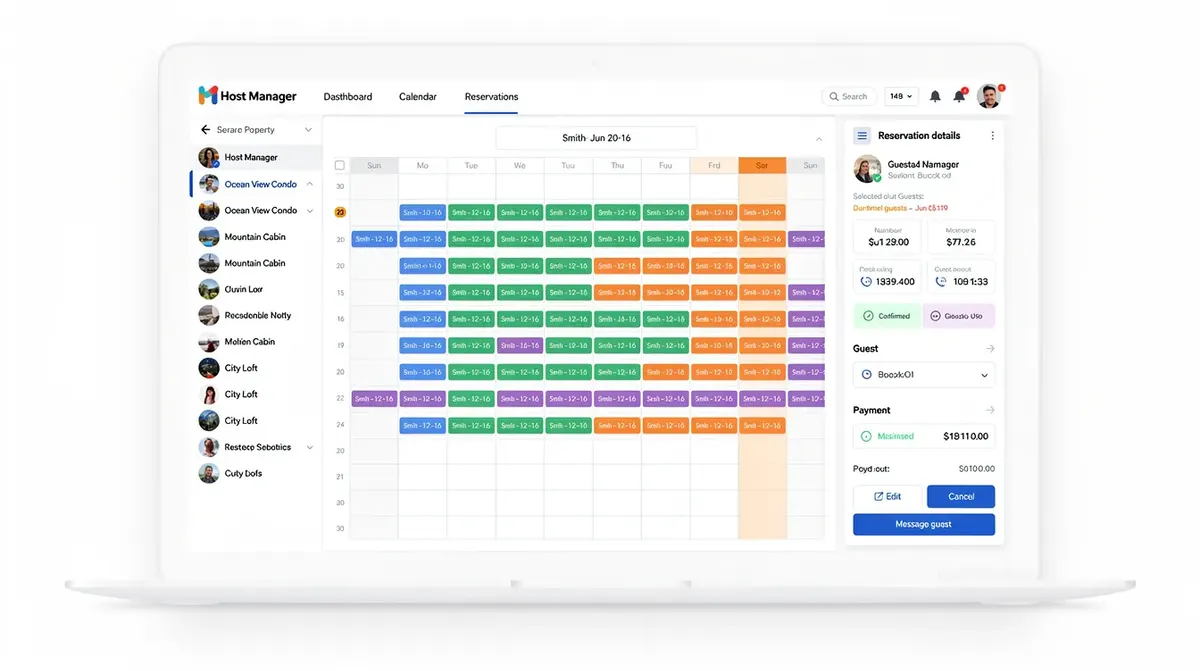 A vacation rental management dashboard featuring a multi-property calendar view, showcasing color-coded bookings for various vacation…