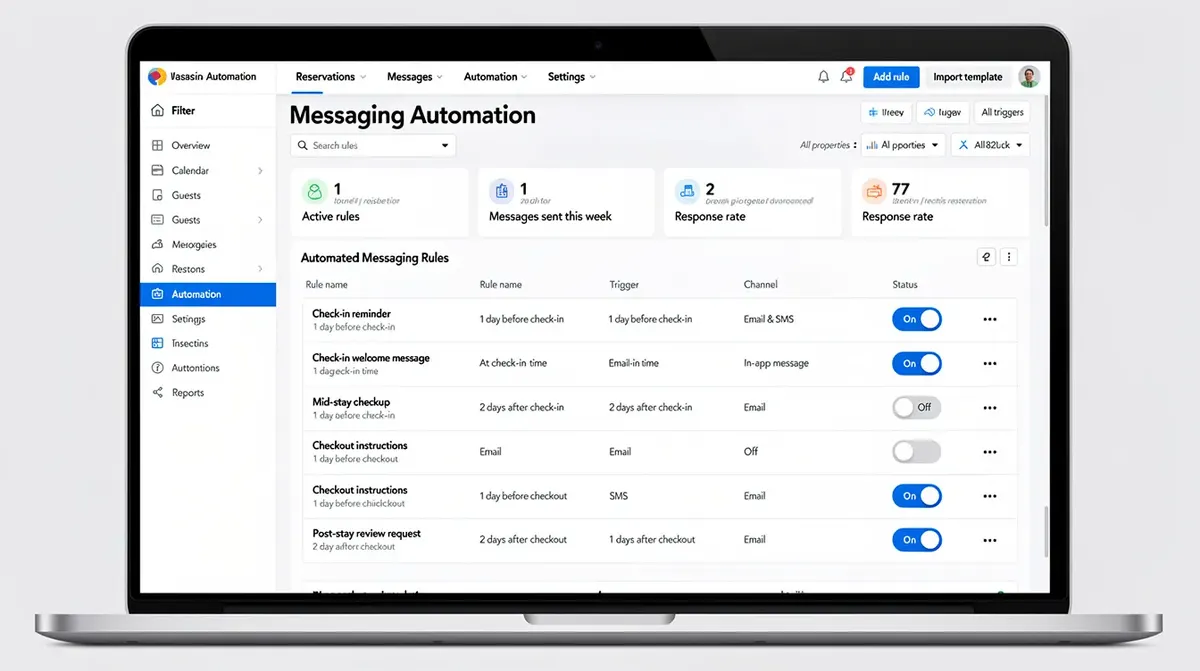 A vacation rental automation dashboard featuring a list of automated messaging rules, including triggers for check-in reminders and…