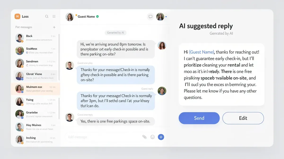 A vacation rental messaging interface, featuring a conversation thread with a guest on the left panel and an AI-suggested reply draft on…