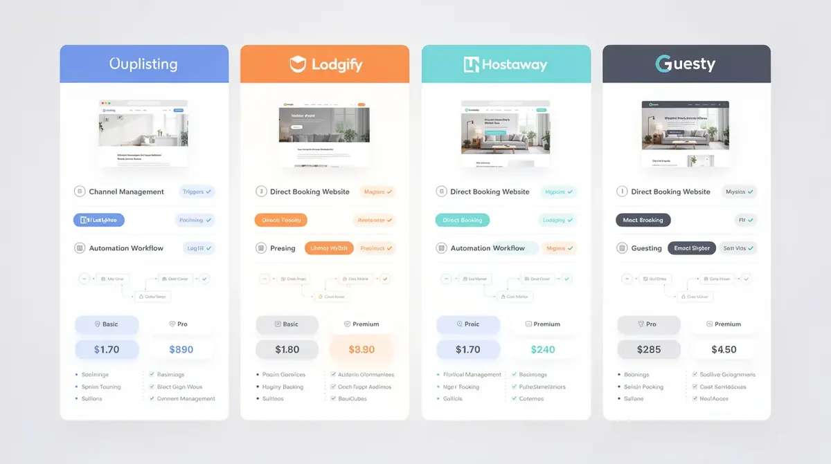 A modern dashboard interface that compares four property management platforms—Uplisting, Lodgify, Hostaway, and Guesty—highlighting…