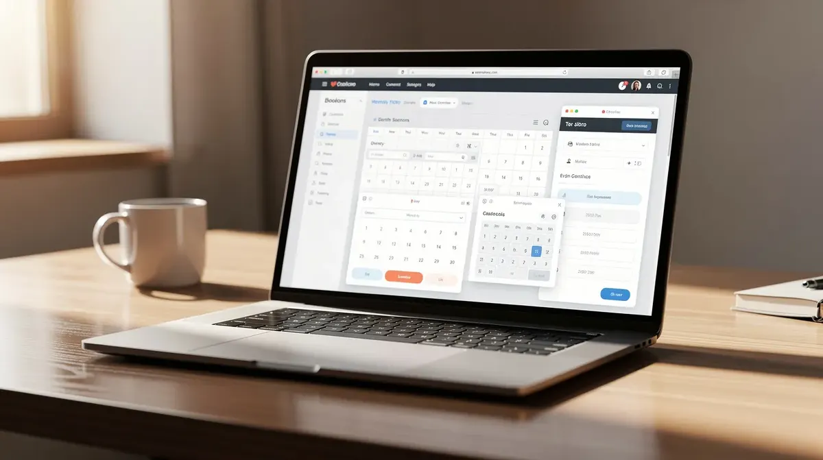 A modern laptop sits on a desk, displaying multiple browser tabs with calendar and booking interfaces, illuminated by warm natural lighting.