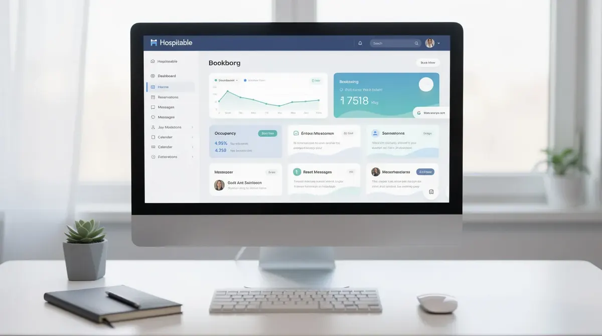 The main dashboard of the Hospitable online app on a sleek computer screen, showcasing its user-friendly interface designed for property…