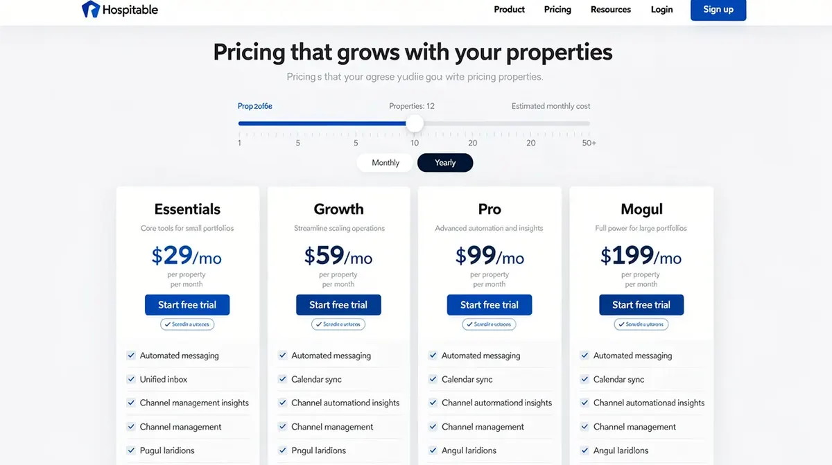 The Hospitable pricing page, showcasing four plan tiers from Essentials to Mogul, along with a property count slider and a feature…