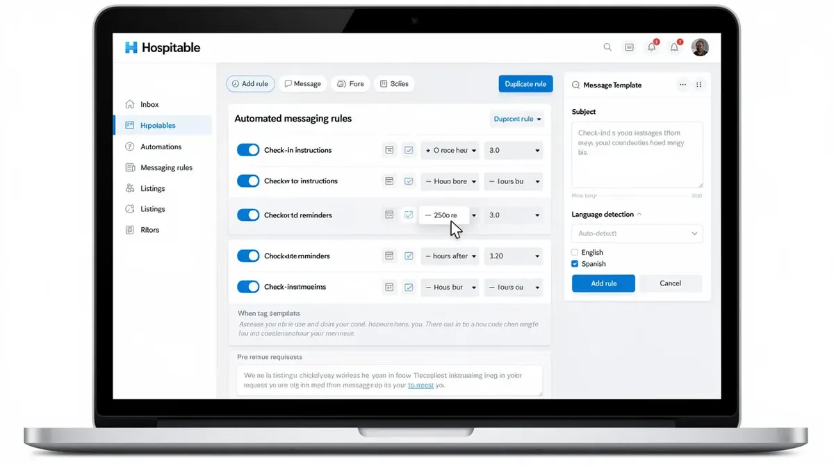 The Hospitable automated messaging rules screen, showcasing various trigger-based message templates for check-in instructions, checkout…