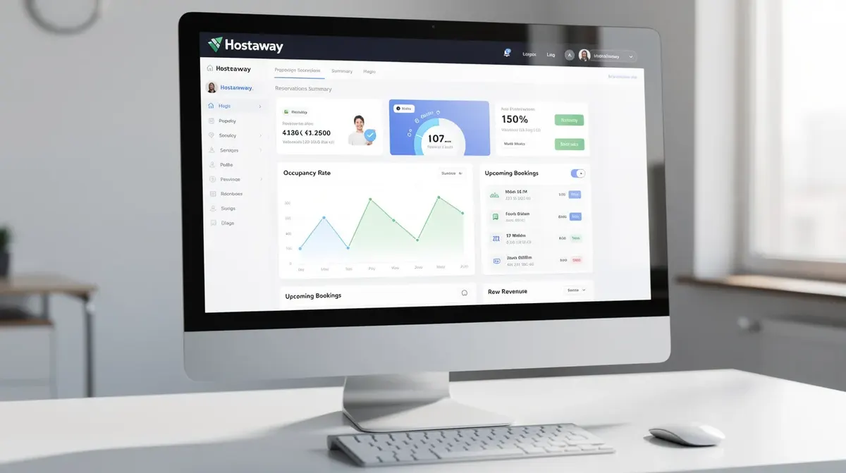 The Hostaway dashboard on a modern computer screen, designed for property managers and vacation rental businesses.