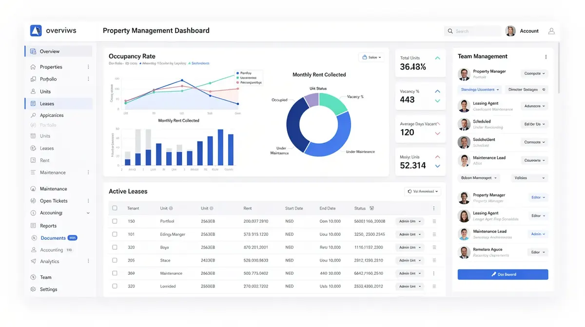 A complex property management dashboard designed for vacation rental managers, featuring various menu items, analytics panels, and team…