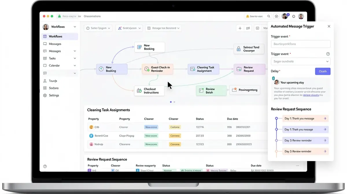 A vacation rental automation workflow interface, featuring sections for automated message triggers, cleaning task assignments, and…
