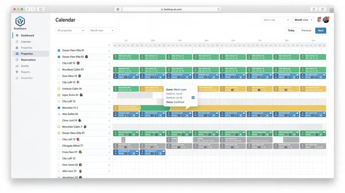 A multi-property calendar dashboard used by property managers, displaying color-coded reservations for numerous vacation rental units,…