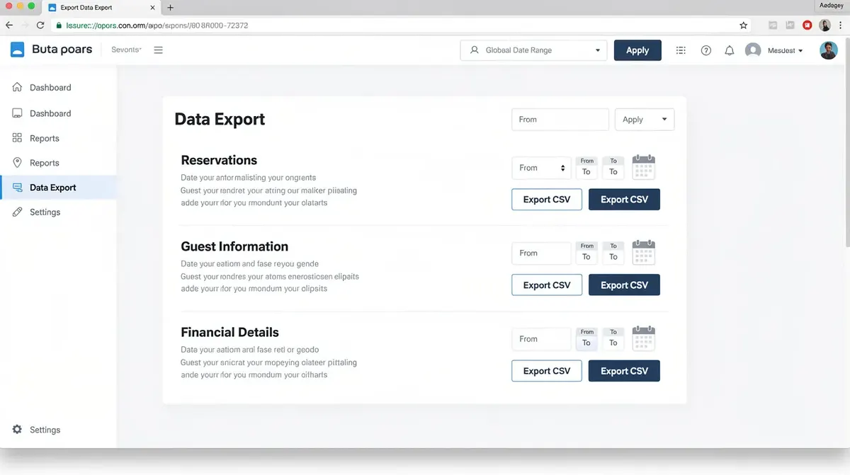 A data export interface for property management software, featuring options to download CSV files for reservations, guest information,…