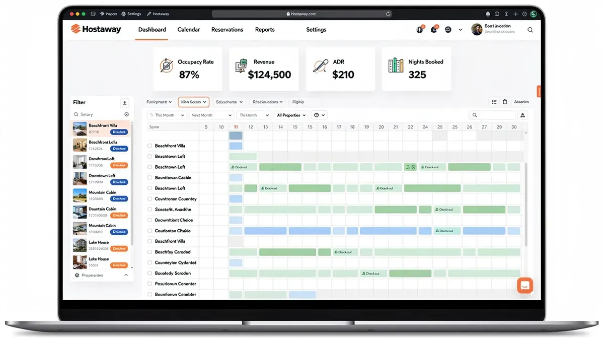 The Hostaway dashboard, featuring a multi-property calendar view that displays occupancy rates and revenue KPIs for a vacation rental…