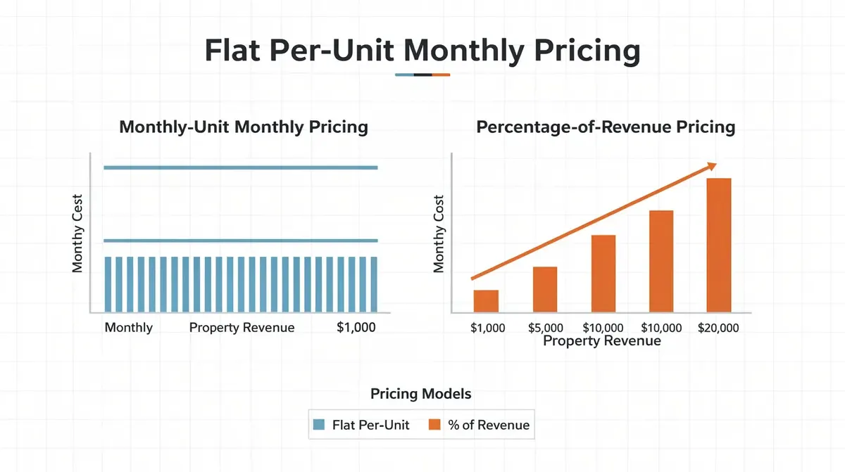 A comparison between a flat per-unit monthly pricing model and a percentage-of-revenue model for property managers, showcasing how…
