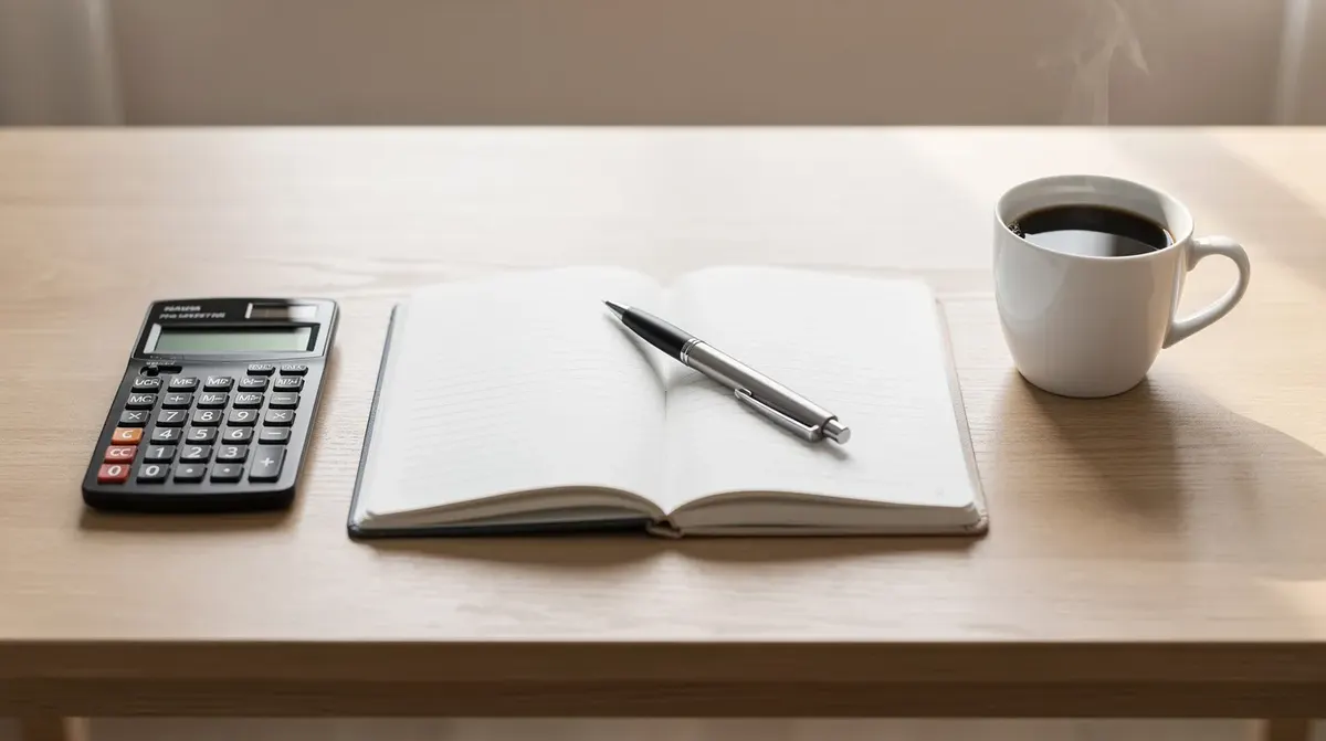 A calculator, a notebook, and a coffee cup arranged neatly on a clean wooden desk, creating a cozy workspace atmosphere ideal for…