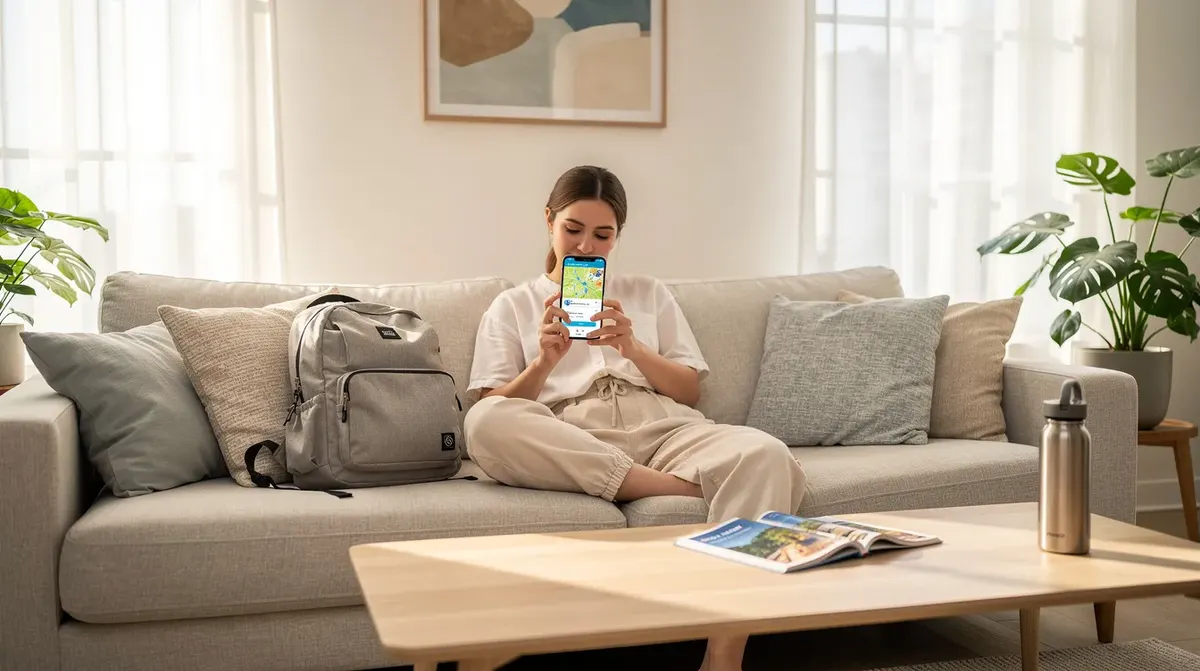 A traveler is seated on a couch in a bright, modern vacation rental living room, intently looking at their smartphone screen, possibly…