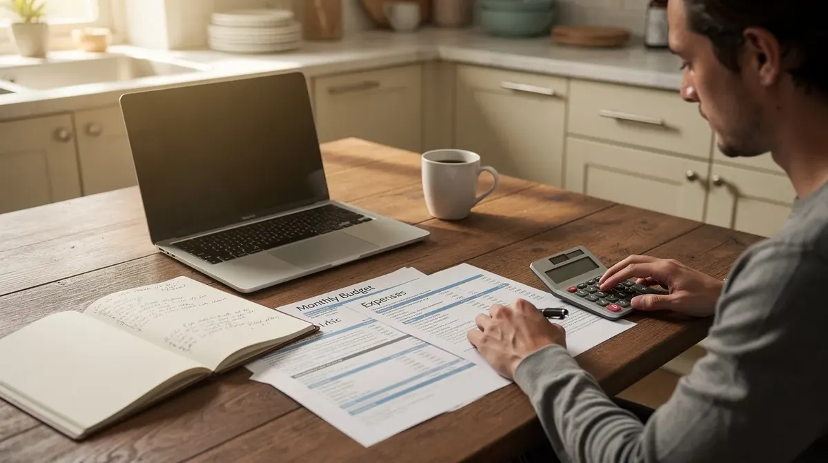 A person is seated at a kitchen table, focused on a laptop while surrounded by a calculator and a notebook, reviewing financial…