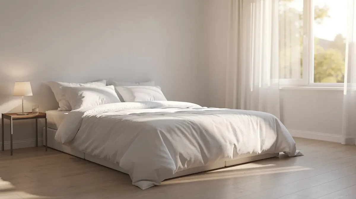 A bright and clean bedroom featuring a neatly made bed with fresh white linens, complemented by a window that allows morning light to…