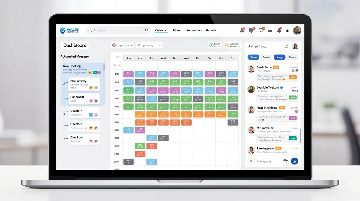 A vacation rental management dashboard featuring automated messaging workflows, a multi-property calendar view, and a unified inbox for…