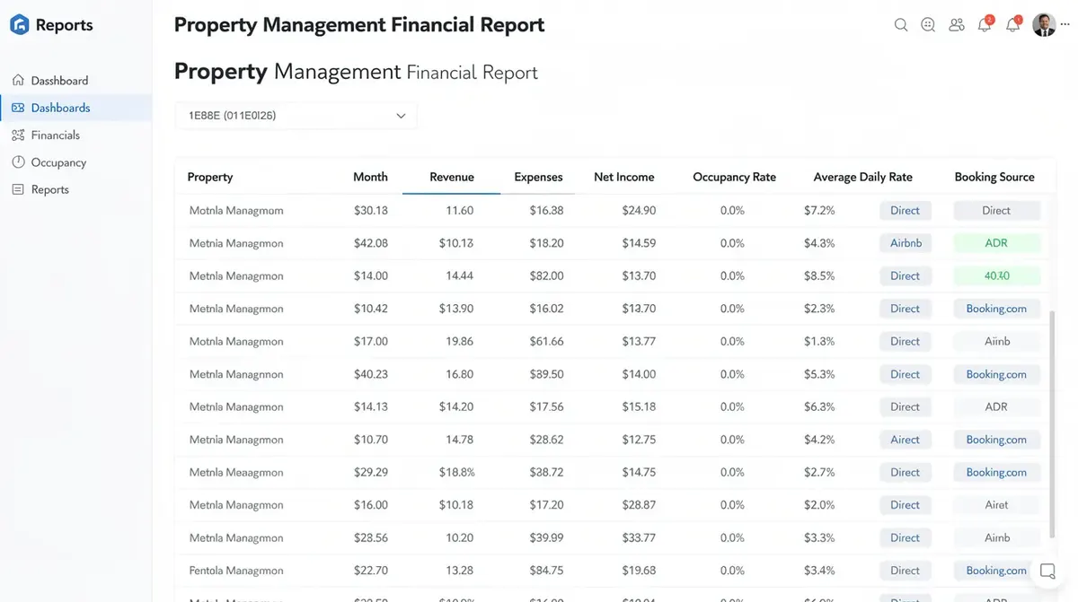 A property management reporting dashboard with a spreadsheet-style layout, showcasing detailed financial reports that include columns…