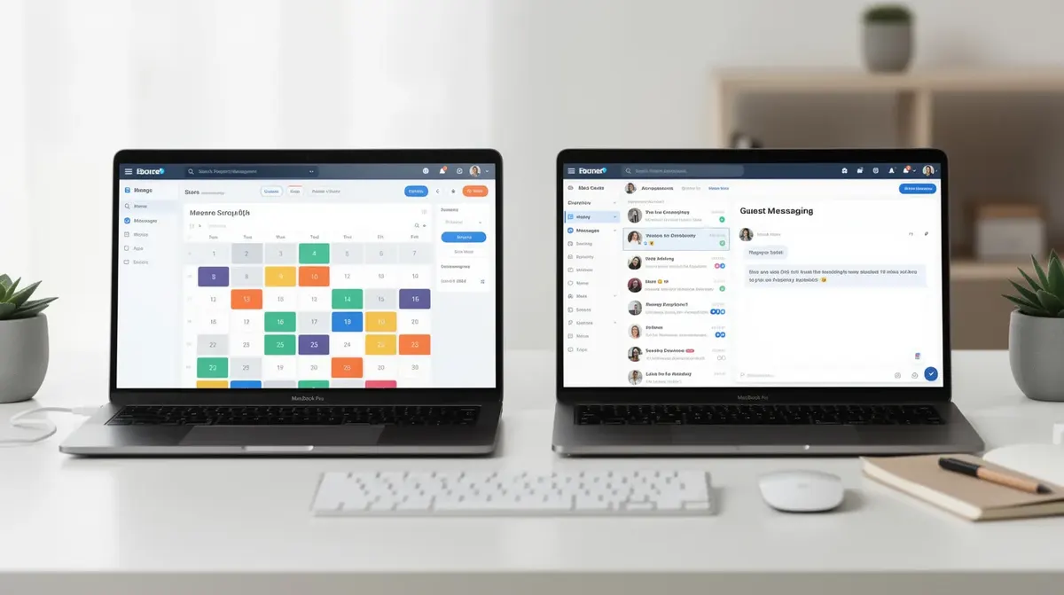 A side-by-side comparison of two laptop screens on a clean desk workspace, showcasing different property management software interfaces.