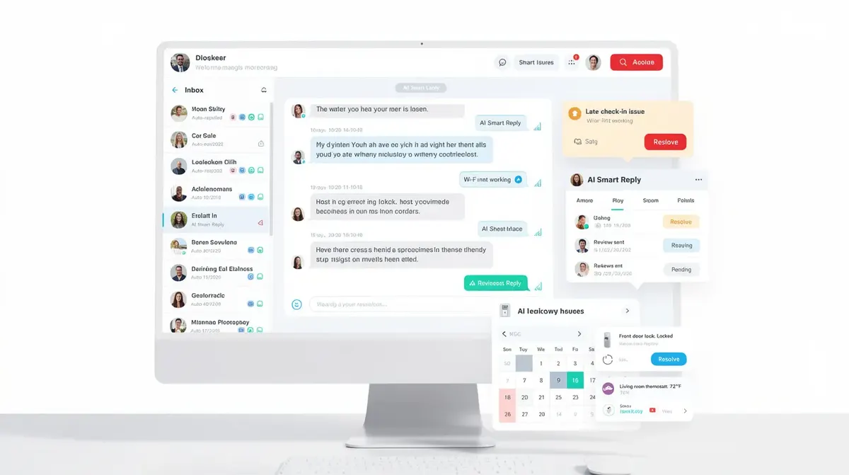 A modern AI-powered messaging automation dashboard designed for vacation rental hosts, showcasing an inbox with automated guest…