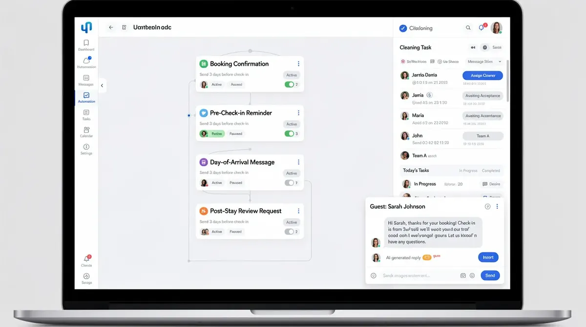 The Uplisting automation dashboard, featuring a user-friendly interface with various workflow setups for guest communication, including…