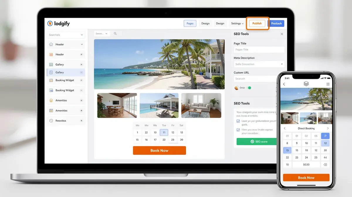 Alt text: "Screenshot of the Lodgify no-code website builder interface displaying a customizable short-term rental website template,…