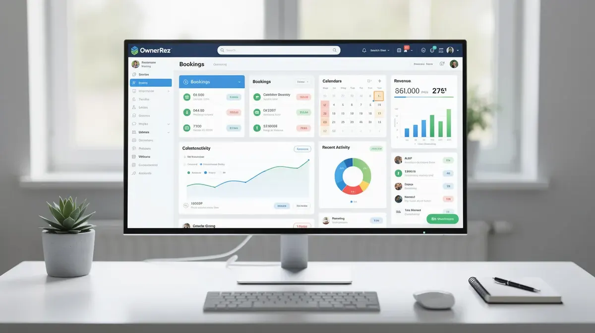 The OwnerRez main dashboard on a modern computer screen, showcasing various tools for managing bookings and guest communication in the…