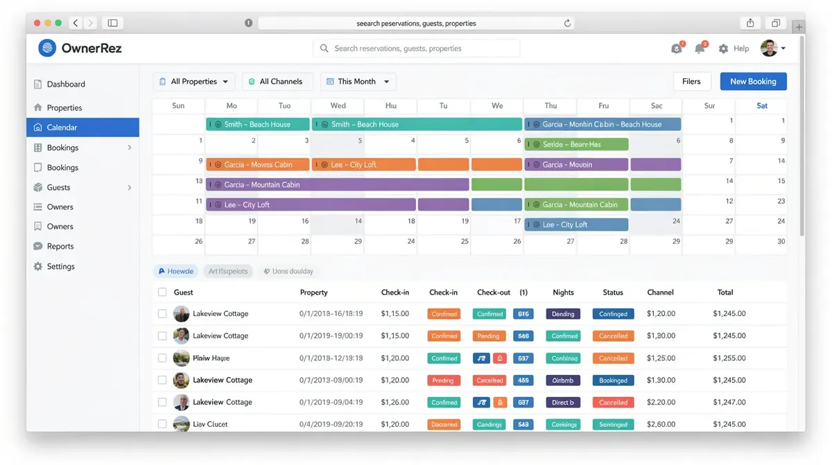 The OwnerRez dashboard, showcasing a unified calendar and reservation list for managing multiple short-term rentals.